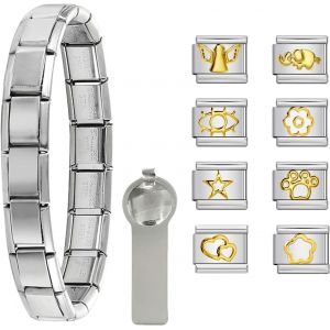 Kalsw-Bracelet Italien &Agrave; Breloques En Acier Inoxydable Avec 18 Breloques,Personnalisable,Outil Inclus,Parfait Comme Cadeau Pour Des Occasions Sp&eacute;ciales,0,L - Neuf