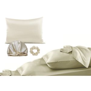 Ensemble Taie D'oreiller En Soie Avec Bonnet Et Chouchou - Beige - Neuf