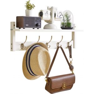 HWS004W Lot de 1 porte-manteaux muraux avec 5 crochets, &eacute;tag&egrave;re murale flottante avec porte-chapeaux, pour cuisine, chambre &agrave; coucher, salle de bain, Blanc, 60 x 11 x 19,5 cm - Neuf