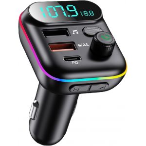 Transmetteur FM Bluetooth Voiture 5.0, Adaptateur Voiture QC3.0 Chargeur Rapide 2USB 1PD 18W pour Mains Libres et &Eacute;coute Musique, Allume Cigare Prise avec Affichage LED, Charge Les Cartes USB et TF - Neuf