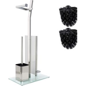 KAL-Set Wc Toilettes Avec Porte-Rouleau Et Brosse - Chrome Brillant - Porte-Papier Toilette En Acier Inoxydable Chromé - Base En Verre U201332X20X70Cm -Plus: 1+2 Têtes De Brosse De Toilette De Recha - Neuf