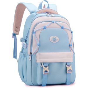 Sac À Dos D'école Pour Filles Et Adolescentes,30 L En Nylon,Sac À Dos D'école Pour Filles De 3e À 9e Classe,Cartable Décontracté Pour Enfants Avec Boucle De Chariot Et Pendentif,Bleu - Neuf