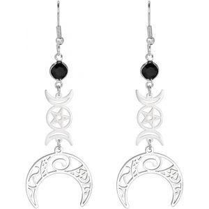 Kal-Boucles D'oreilles Triple Lune En Acier Inoxydable Pentagramme Pentacle Pa&iuml;en Wiccan Magique Amulette Bijoux Pour Femme - Neuf
