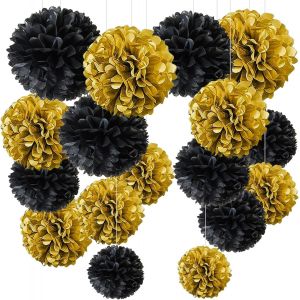 ChicSlick-Lot De 20 Pompons En Papier De Soie Dor&eacute; Noir - D&eacute;coration De F&ecirc;te, D&eacute;coration De R&eacute;veillon Du Nouvel An, Mariage, Anniversaire, Rem De Dipl&ocirc;me, Douche Nuptiale, No&euml;l[X115] - Neuf