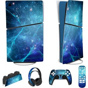 Eryi-Autocollant Protection Pour Ps5 Slim Console Accessoires,Sticker Skin Pour Ps5 Manette & Télécommande & Casque & Station De Charge,Digital Edition-Bleue Nébuleuse - Neuf