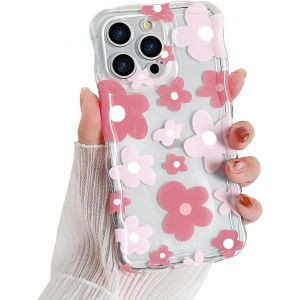 Kal-Coque Pour Iphone 15 Pro Clair Transparent Avec Cadre Ondulé Bouclé, Housse Etui Motif De Fleur Florale Mignon Pour Femme Fille,Bumper Case Protection Antichoc En Silicone Souple,Rose - Neuf