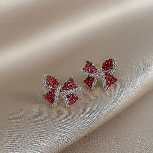Noël Rouge Zircon Cristal Noeud Boucles D'oreilles Pour Femmes Coeur Forme Noeud Noël - Neuf