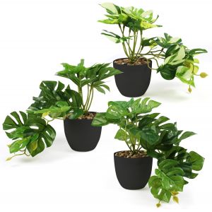 Kalanka-Fausse Plante Monstera Plantes Artificielles Interieur Exterieur, 3 Pièces Vert Plante Artificielle Plastique Fausse Plante Avec Pot S¿Applique À Decoration Salon Chambre Bureau Cuisine - Neuf