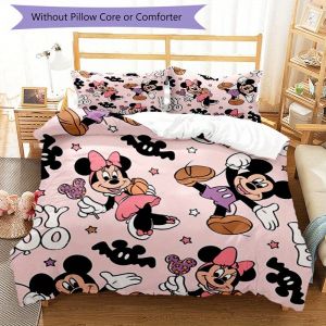 Parure De Lit Imprimee Mickey Et Minnie Sur Fond Rose, Avec Housse De Couette Et Taies D'oreiller, Ideal Pour La Decoration De La Maison Et De No&euml;l. Un Cadeau Id&eacute;al Pour Un Enfant. - Neuf