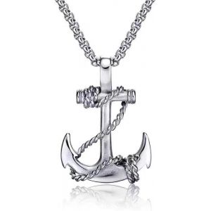 Kal-Collier Ancre En Zama - Argent Ou Noir - Pendentif 34x24 Mm Avec Cha&icirc;ne De 60 Cm - Style Marin Symbolique Unisexe - Neuf