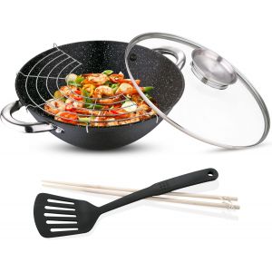 Subzonal-Renberg Wok Wasabi | Po&ecirc;le &Agrave; Wok Avec Rev&ecirc;tement En Marbre Et Couvercle En Verre | Fonctions Et Accessoires Multiples | Wok En Fonte | Compatible Avec Les Plaques &Agrave; Induction, 28x40x12 Cm - Neuf