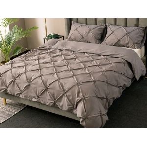 Parure De Lit 3 Pi&egrave;ces Avec Housse De Couette Pliss&eacute;e Grise Pour Lit Double Et Taies D'oreiller - Neuf