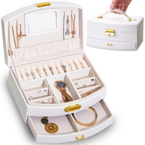 Bo&icirc;te &Agrave; Bijoux Pour Femme Avec Miroir Et Serrure, Rangement De Voyage 2 &Eacute;tages Pour Bagues, Boucles D'oreilles, Colliers Et Bracelets - Dimensions 21x17x11 Cm, Poids 0.7 Kg, Couleur Blanche - Neuf