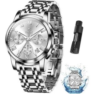 Montre Multifonction Pour Homme - En Acier Inoxydable - Chronographe - Cadran Romain - Montre De Luxe - &Eacute;tanche - Lumineuse - Avec Date - Cadeau Pour Homme - Neuf