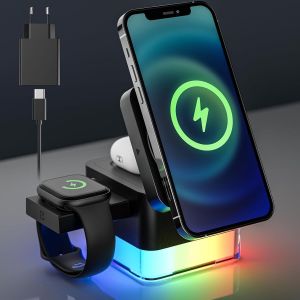 Chargeur Induction 4 En 1,15w Chargeur Sans Fil Avec Aspiration Magn&eacute;tique,2 Lumi&egrave;re,Station De Recharge Pliable Pour Iphone 16 15 14 13 12 Pro Max Plus/Watch Ultra/Airpods 4 3 2 Pro - Neuf