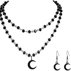 Gaodecha Parure De Bijoux Gothiques Avec Collier Ras Du Cou Et Boucles D'oreilles En Forme De Lune Croissante Noir Avec Perle En Onyx Cadeau Pour Femme De Tous Âges,40cm,Acier Allié,No - Neuf
