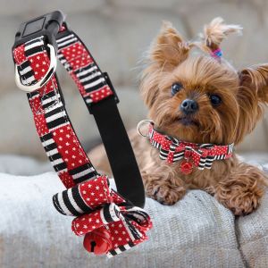 Hjlian Collier Souple Pour Chiot Avec Noud Papillon Et Clochette, Rouge Et Noir A Rayures Blanches, Taille L - Neuf