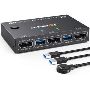 Commutateur Kvm Usb 3.0 Displayport 4K @ 144 Hz,Commutateur Kvm 2 Pc 1 Moniteur,Commutateur Displayport Usb Pour 2 Pièces Pc,4 Appareils Usb 3.0,Clavier,Souris,Moniteur Avec - Neuf