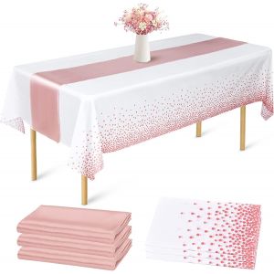 Lot de 2 nappes jetables, chemin de table et chemin de table imperm&eacute;ables, couleur or rose, 137 x 275 cm, et chemin de table en satin 30 x 275 cm, id&eacute;al pour un mariage ou une r&eacute;ception. - Neuf