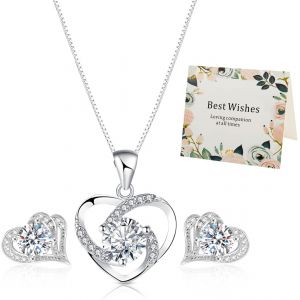 Rose &eacute;ternelle v&eacute;ritable,rose v&eacute;ritable avec collier et boucles d'oreilles en forme de c?ur, collier pour avec rose &eacute;ternelle rouge avec c?ur,cadeaux de Saint-Valentin - Neuf