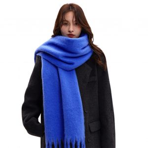 Écharpe Longue Pour Femmes, Couleur Unie, Ourlet À Pampilles, Style Français, Tissu Imitation Mohair Doux, Châle D'hiver-Bleu - Neuf