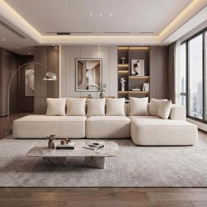 Ensemble de canap&eacute;s HWC-Q28, canap&eacute; en L, canap&eacute; de salon, tissu chenille (270 g/m&sup2;), partie couchable &agrave; droite 60 x 310 x 150 cmcr&egrave;me - Neuf