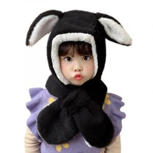 Écharpe Chapeau Ensemble Peluche Oreille Cap Mignon Dessin Animé Vêtements D'extérieur Cache-Cou Hiver Extérieur Portant Noir - Neuf