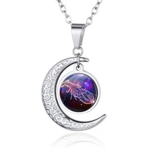 Kal-Collier Signe Astrologique Personnalisable,Pendentif Demi Lune Signe Zodiaque Prénom Personnalisé Avec Chaîne Réglable 50+5cm,12 Constellations Bijoux Cadeau Pour Femme Anniversaire Noël - Neuf