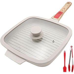 Po&ecirc;le Grill Avec Poign&eacute;e Amovible, 26 X 24 Cm Po&ecirc;le &Agrave; Griller Avec Couvercle En Aluminium Antiadh&eacute;sive Compatible Tous Feux Dont Induction - Noir - Neuf