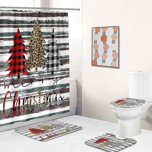 Arbre De No&euml;l Le Rideau De Douche, Set De 4 Avec Tapis Antid&eacute;rapant, Toilette D'un Couvercle Et Tapis De Bain, L'arbre De No&euml;l De No&euml;l Rideaux De Douche Avec 12 Crochets (B), No&euml;l Rideau De Douche S - Neuf