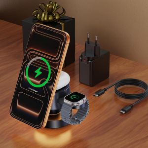 iVANKY Station de Recharge sans Fil 4 en 1 avec Lampe de Nuit pour Chargeur MagSafe, Recharge 3 en 1 pour iPhone 17/16/15/14/13/, Watch, Airpods (Adaptateur Double Port C 100 W Inclus) - Neuf