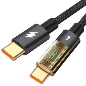 JGD-C&acirc;ble USB-C vers USB-C, charge rapide 100 W, c&acirc;ble tress&eacute; en nylon &eacute;cran LED intelligent puce E-Mark pour iPhone 15, MacBook, ordinateurs portables, 2 m, noir - Neuf