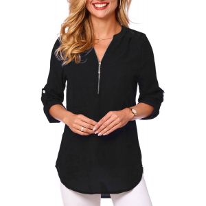 Utigh-Chemisier Pour Femme Avec Col En V Chemises Chic Elégant T-Shirt À Manches Longues Blouses Blanche 3/4 Tunique Manches Enroulables Hauts Décontractés - Neuf