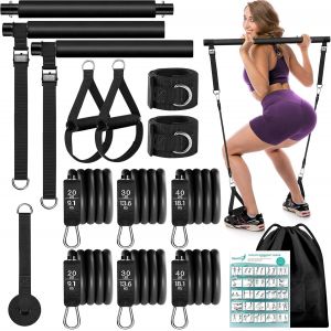 Pilates Bar Set With Resistance Bands For Women, 180lbs Latex Fitness Workout Bands With Anklets And Door Grip For Women Home Gym Pilates Yoga - Neuf