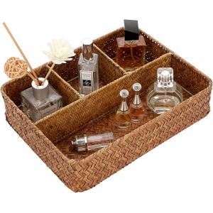 Panier de rangement en osier panier d¿étagère corbeille tressé boîte de rangement avec 4 compartiments organisateur de table pour comptoir,bureau,étagère (caramel) - Neuf