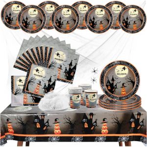 Trahoo-&reg; Set De Table Halloween 38 Pi&egrave;ces - Set D&eacute;coratif Avec Toile D'araign&eacute;e, Araign&eacute;es, Tasses, Assiettes, Serviettes Et Nappe Pour Halloween Et Carnaval (Sorci&egrave;re 2 - 38 Pi&egrave;ces) - Neuf
