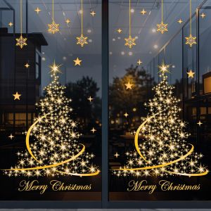 Stickers Noel Fenetre Xxl Réutilisable,106 Pcs Doré Decoration Noel Fenetre Grand Electrostatique Pvc Autocollant, Arbre Et Flocon De Neige Vitrophanie Noel Intérieur Deco Pour Fenêtre Porte[Z191] - Neuf