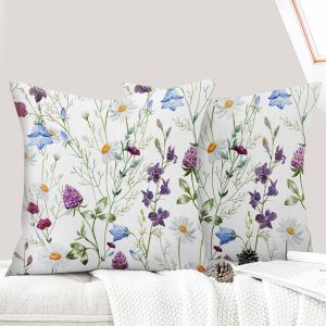 Cauc-Lot De 2 Decorative Housse De Coussin 50x50 Cm Flowers Housse De Canap&eacute; D&eacute;coratifs Motif Plante &Agrave; Fleurs Sauvages Taie D'oreiller Pour Maison Salon Chambre Et Ferme - Marguerite Violette - Neuf