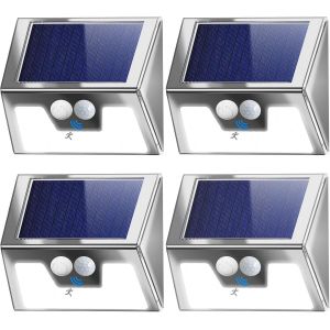 Lampe Solaire Extérieur Détecteur De Mouvement, Lot De 4 Lumiere Solaire Exterieur Avec Ip65 Étanche, 3 Modos Eclairage Exterieur Solaire, Lampe Solaire Pour Jardin, Garage, Acier Inoxydable - Neuf