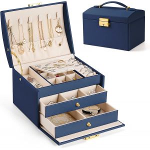 Tianyi-Boite A Bijoux,Rangement Bijoux Boite A Bijoux Femme,Boite A Bijoux De Voyage À 3 Couches En Cuir Imperméable,Avec 2 Tiroirs, Avec Serrure Et Clé, Pour Bagues,Boucles,Colliers,Bracelets - Neuf
