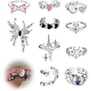 Kahfl-Lot De 10 Bagues Y2k R&eacute;glables Pour Femme-Anneaux Empilables Pour Femme-Style Boh&egrave;me-En Acier Inoxydable-Anneaux Ouverts Irr&eacute;guliers R&eacute;glables - Neuf