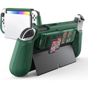 Switch OLED Coque avec Rangement pour Jeux au Design Rabattable, Coque de Protection Dockable pour Nintendo Switch OLED 2021,Coque Portable en TPU pour 7 Pouces et Contr&ocirc;leur Joy-Con,Vert - Neuf