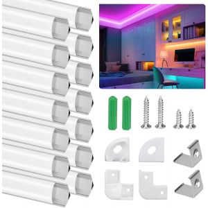 Profile Aluminium Led Angle 45&deg;, 14 X 1m/3.3ft V-Shape Avec Couvercle Blanc Laiteux Transparent, Embouts Et Clips De Montage En M&eacute;tal, Compact Et Facile &Agrave; Couper Et &Agrave; Installer Pour Ruban Led (Argent - Neuf