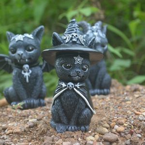 1 ensemble de figurines de chat occulte avec chapeau, polyrésine, noir et argent, 10 cm - Neuf