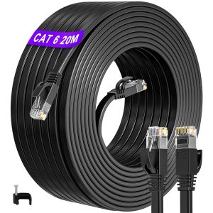 Cable Ethernet 20m, Cat 6 Cable RJ45 Haute Vitesse Câble Réseau 1000Mbits, Plat Gigabit Câble Internet 20 Mètres Noir pour Routeur PS4/5 Switch (20 Clips) - Neuf
