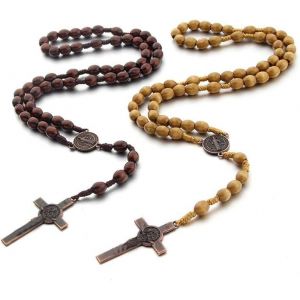 Kal-2 Pi&egrave;ces Collier Chapelet Croix Catholique, Chapelet Catholique Perles De Pri&egrave;re En Bois Naturel Avec Croix M&eacute;daille J&eacute;sus Christ Saint Beno&icirc;t, Pour Communion Religieuse, Bapt&ecirc;me, Bible - Neuf