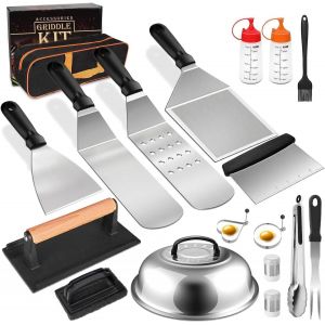 Ulteronixshop-Accessoires de barbecue en acier inoxydable avec spatule pour barbecue, presse &agrave; hamburger Smash en fonte, accessoires de plancha, set de 18 couverts pour plancha barbecue, teppanyaki, - Neuf
