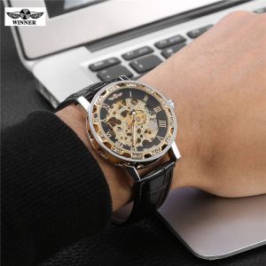 Montre Mecanique Automatique Winner Pour Homme, Bracelet En Cuir Pu Creux, Cadran Noir - Neuf