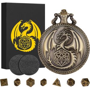 Mini Jeu De Dés Dnd, Avec Coquille De Montre De Poche Dragon Sculpté Steampunk, 7 Dés Polyédriques En Métal Pour D&d, Cadeaux De Dnd Avec Boîte Cadeau, Accessoires De Jeux De Rôle, Bronze - Neuf