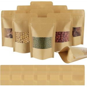 MEVRONISSHOP-100PCS Sachet Kraft Alimentaire, Sac Papier Kraft avec Fenetre, R&eacute;utilisable Sachet Craft, Standable Sachet Kraft Zip, Emballage Alimentaire pour Noix Grains, Caf&eacute;, Th&eacute;, &Eacute;pices (10x15cm) - Neuf